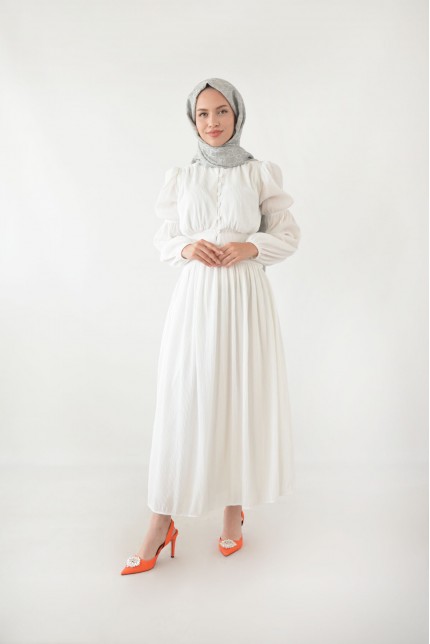 Elsa Piliseli Belden Oturtmalı Beyaz Kadın Elbise